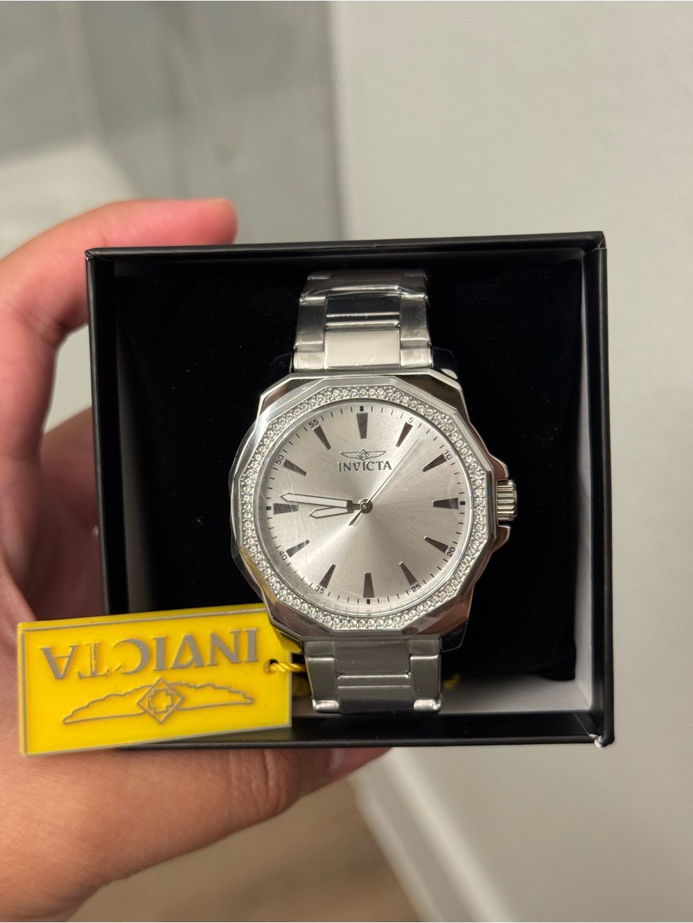 Invicta Silver Stainless Steel Men's Dress Watch with Crystal Bezel